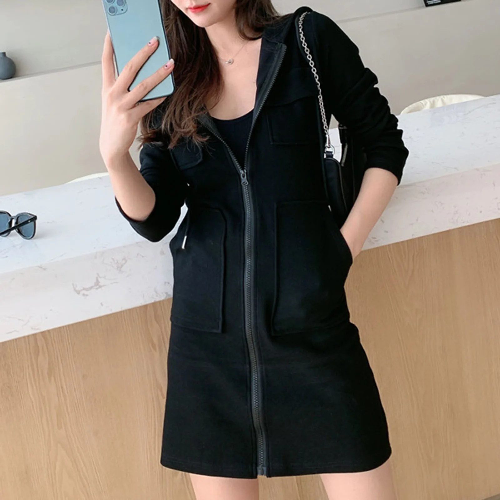 

Winter Hoodie Dress Women Zip Up Hooded Long Sleeve Irregular Sweatshirt Dresses Loose Pockets Autumn Sport Dress Femme Vestidos