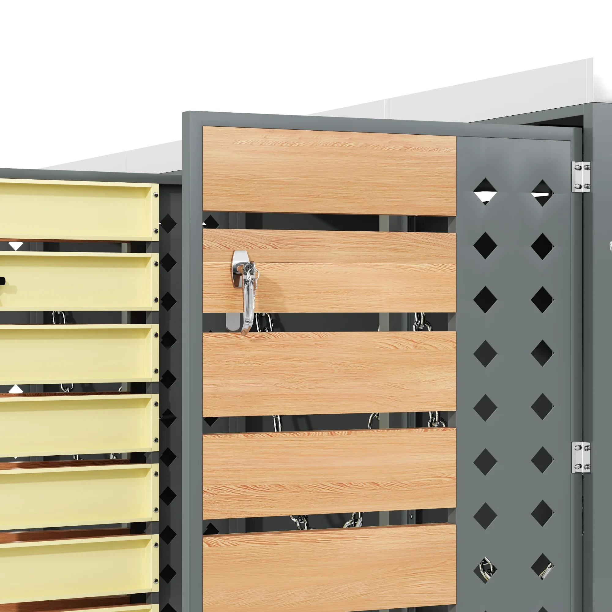 Mülltonnenablage, horizontale Holzmaserungsplatten, abschließbar, vier Türen, Pflanzfläche, rautenförmiges Hohltürpaneel – Detail 23