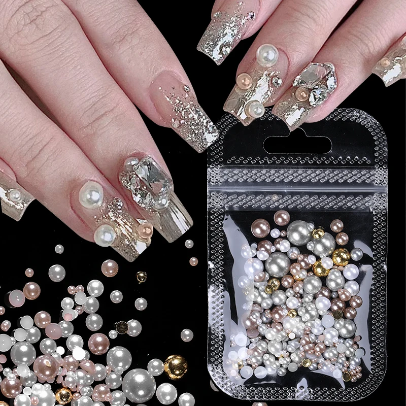 50/100/200Pcs Grey Pink Pearl Shape Nail Art Decorations 3D Flat Back Nail Charms For Art Flatback Beads DIY Nail Accessories 4