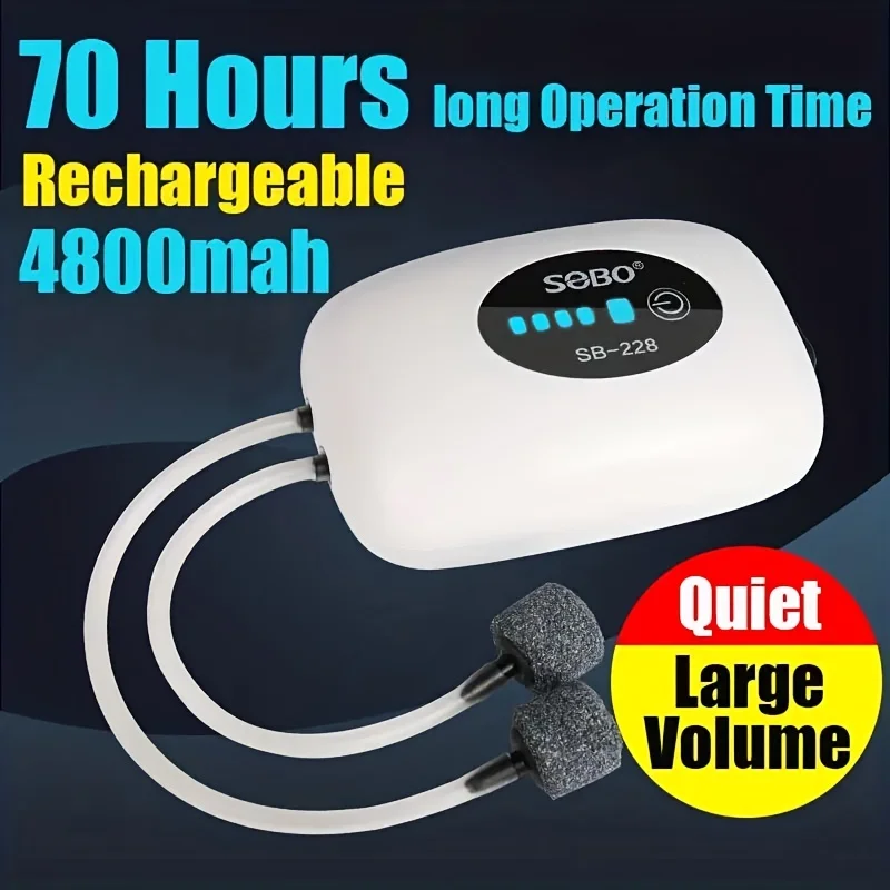 Rechargeable USB Fish Tank Air Pump 4800mAh Battery Silent Oxygen Pump with 1M Tube for Aquarium Outdoor Breeder Tanks Portable