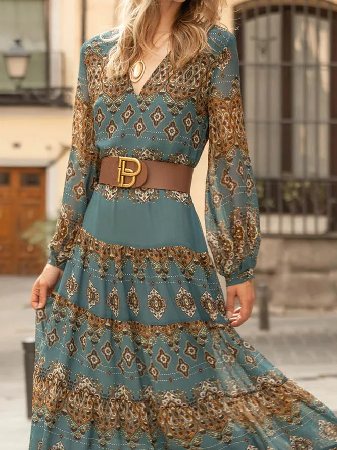 

2024 Spring Bohemina Women Dress V-neck Lantern Sleeve Elegant Long Dresses Female Summer New Holiday Beach Loose Clothes Ladies