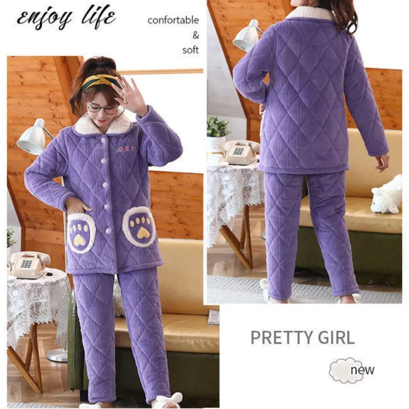 2023 New Pajamas Women Winter Three Layers Thickened Cotton Loungewear Coral Velvet Flannel Warmth Autumn Suitable Homewear