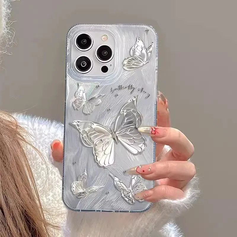 thumbnail image 1 of Funda de lujo para iPhone 14, 13, 15, 16 Pro Max, con mariposa plateada y láser, para iPhone 11, 12 Pro Max, XS, XR, 7, 8, 14, 15 Plus, 1 of 5