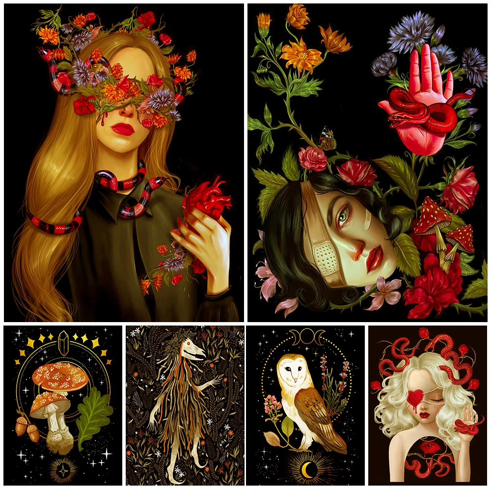 

Magic Mushroom And Owl Wall Art Canvas Painting Flowers,Snake And Little Witches Art Poster And Print Home Decoration Unframed