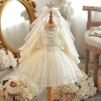 Girl's Dress 2025 New Girl's Lolita Princess Dress Bow Long sleeved Fluffy Dress New Year's Banquet Carnival Performance Clothin