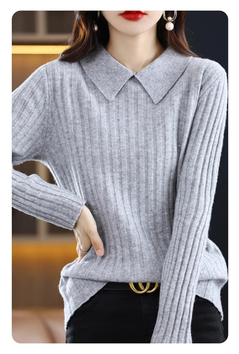 Autumn Winter New Woman 100% Wool Sweater Soft Polo Collar Vertical Stripe Pullover Casual Knitted Tops Cashmere Female Sweater