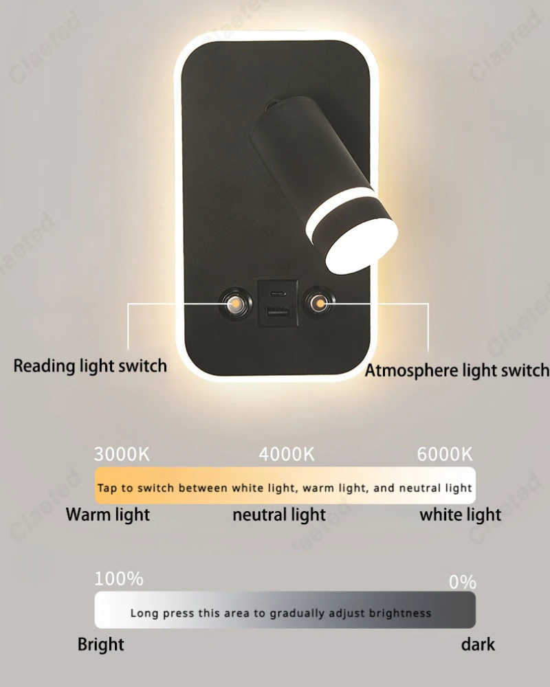 Led light, led wall lamp, wall light, led reading light New Nordic Minimalist Wall Lamp Hotel Interior LED Reading Light Corridor Bedroom USB Charging Bedside Decorate Wall Lamp