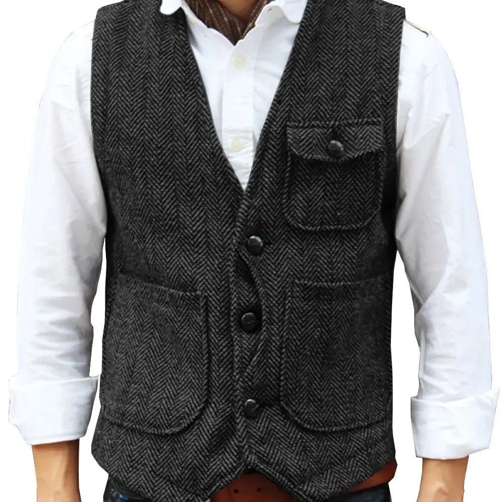 

2024 New Mens Herringbone Suits Vests Wool Business Tweed Retro Waistcoats Groomsman Slim Fit
