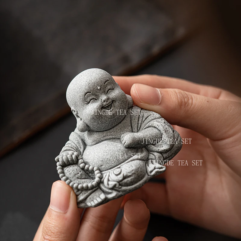 Cute Maitreya Buddha Ornament Home Green Sand Stone Tea Pet Desktop Bathtub Landscape Decoration Tea Ceremony Accessories