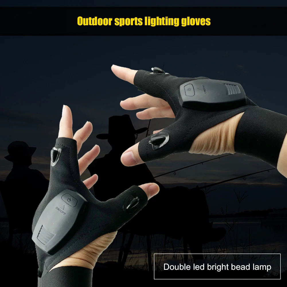 1 paire LED demi-doigt gants de pêche lampe de poche torche