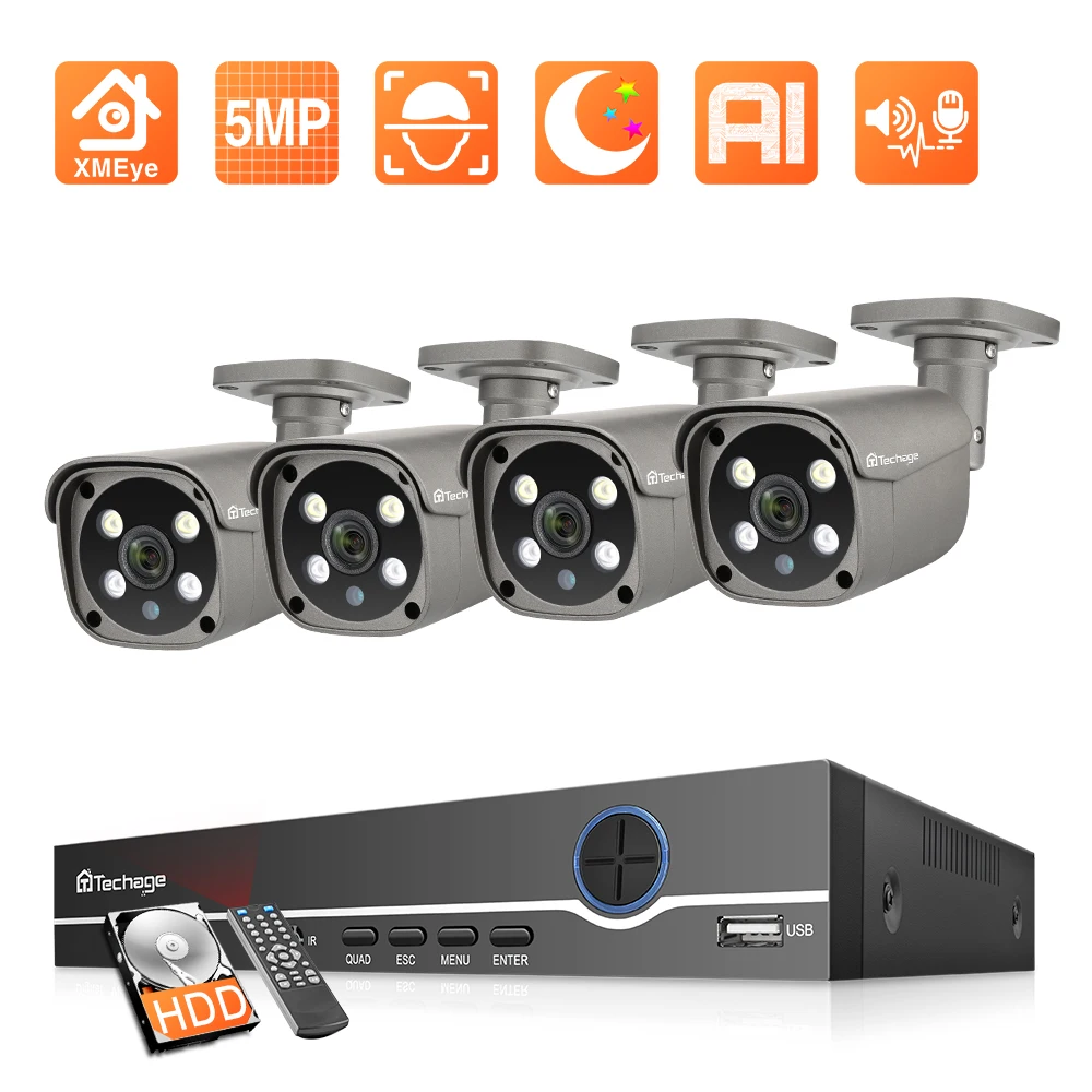 Techage 8CH CCTV 시스템 세트, 5MP AI 스마트 IP 카메라 야외 CCTV 양방향 오디오 방수 보안 비디오 감시 ...