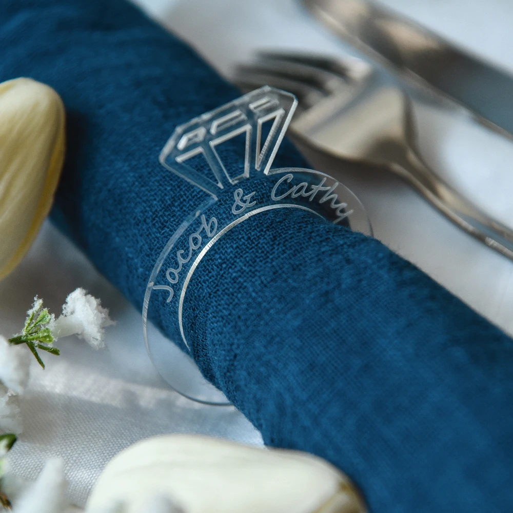 

Personalized Napkin Ring with Acrylic Names, Wood Cut Diamond Shape, Wedding and Engagement Party Centerpieces, Custom