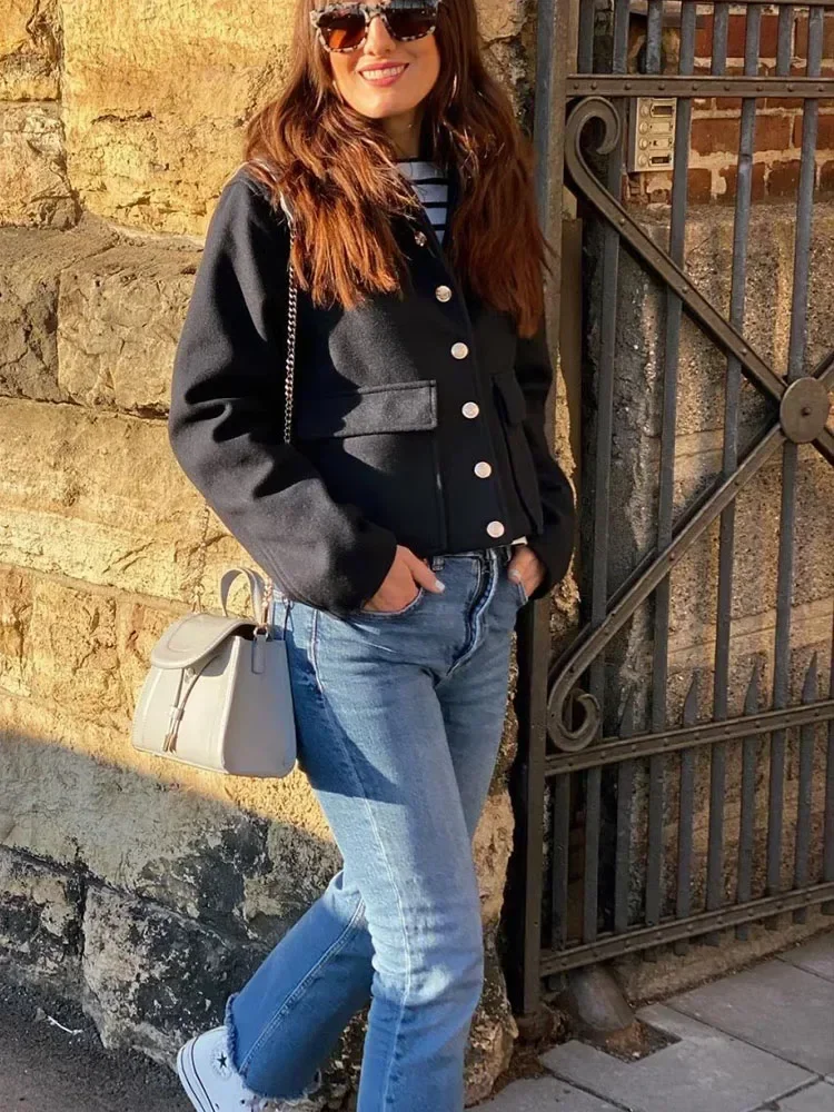 

Women 2023 New Fashion Two-color gold breasted soft Jacket Coat Vintage Long Sleeve Flap Pockets Female Outerwear Chic Tops