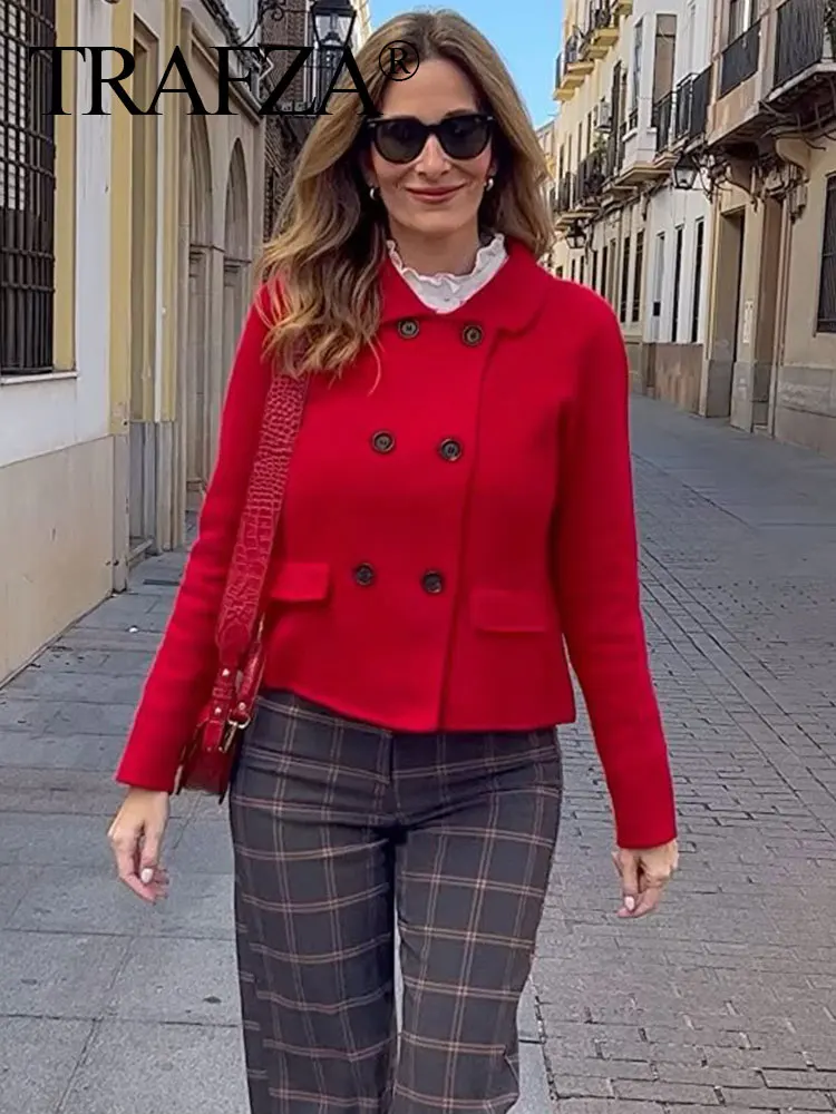 

Женское шерстяное пальто с длинным рукавом TRAFZA, уличная одежда, двубортная куртка на пуговицах с карманами, модная красная короткая куртка на осень