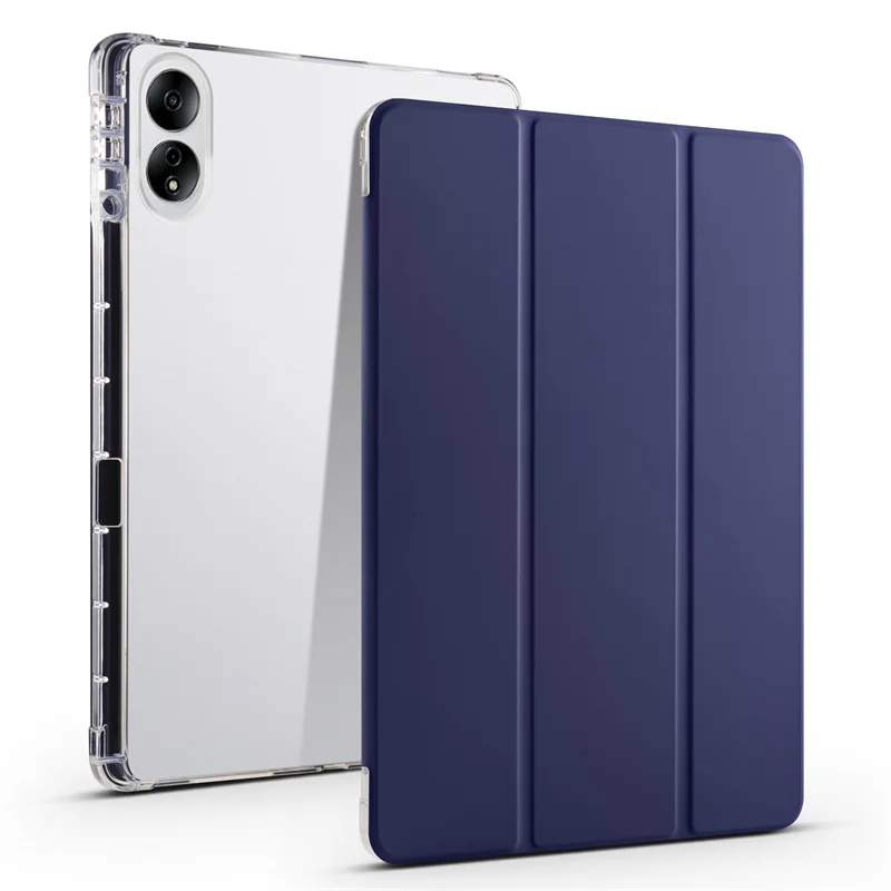Clear Tablet Case with Pencil Holder and PU Leather Flip Stand, Soft TPU Back Cover