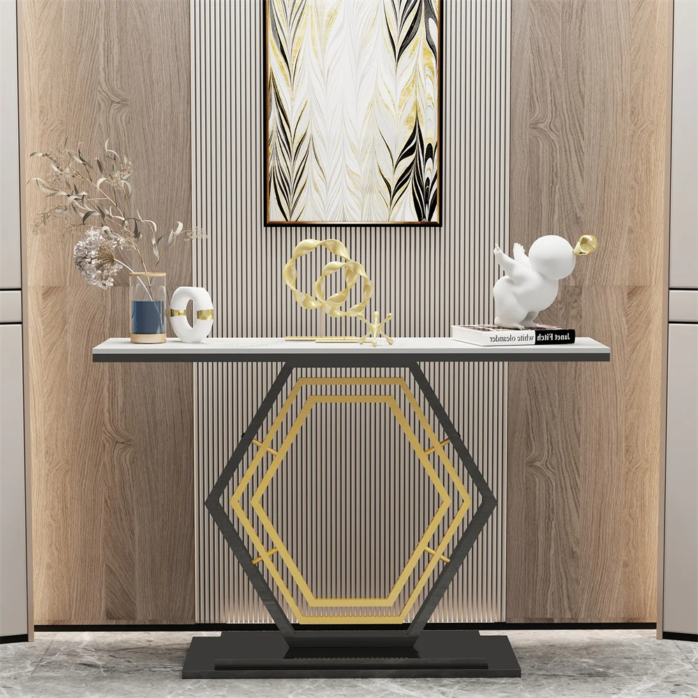 120cm Modern Console Entry Table Geometric Base Sintered Stone Top Long Accent Table for Hallway Foyer Decor Storage