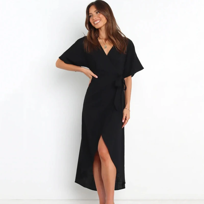 

Ardm Elegant V Neck Black Asymmetrical A-Line Holiday Beach Dresses Women For 2022 Lace Up Short Sleeve Party Midi Dress Vestido