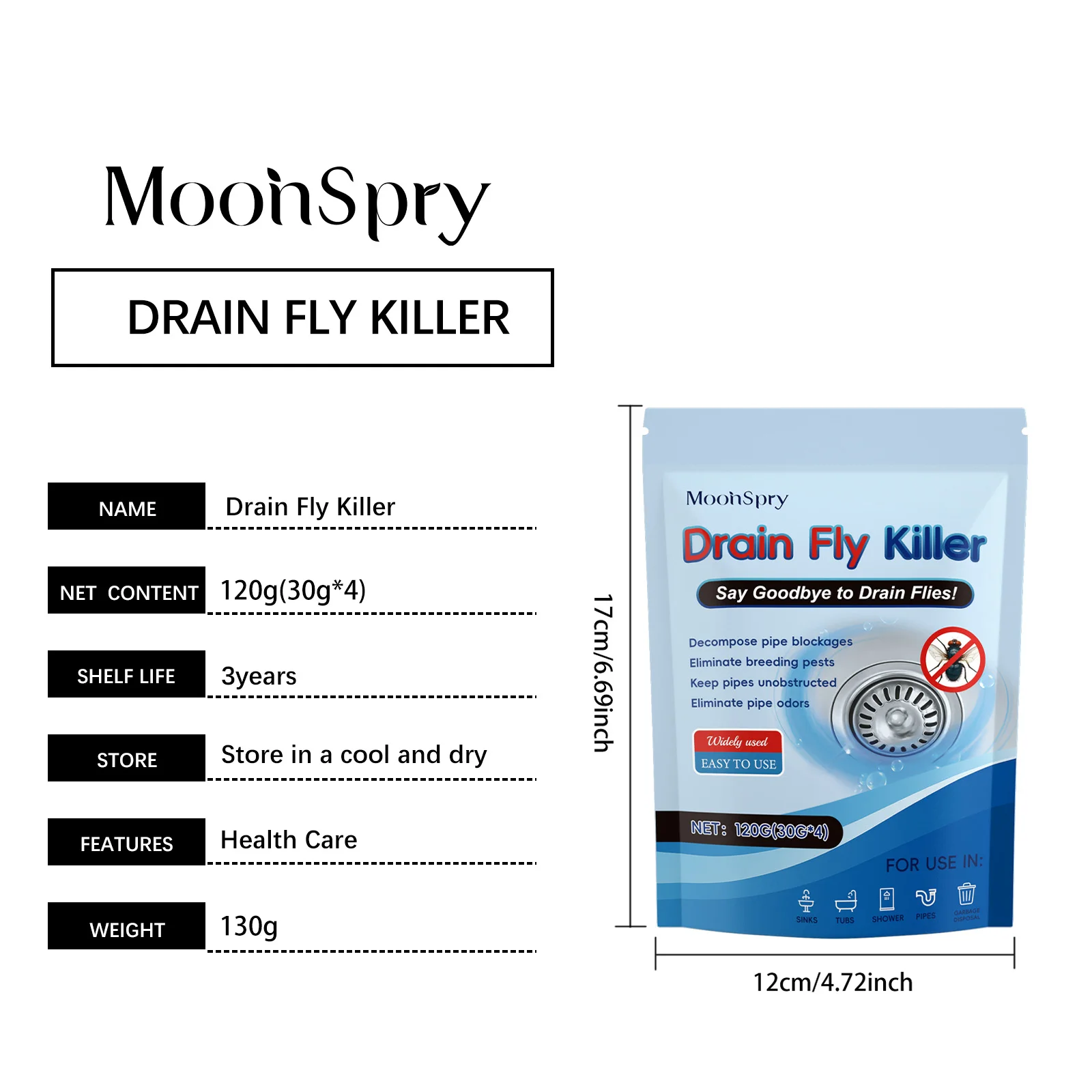 Description Picture 2 of itemMoonSpry 120g Drainage Pipe Insect Removal Powder for Kitchen Bathroom Sewer Drain Outlet Decontamination Cleaning