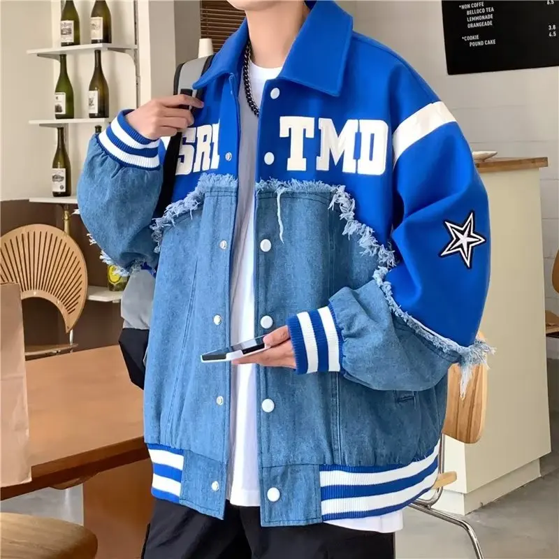 

Spring and Autumn New Men's Fashion Spliced Denim Coat Versatile Casual Jacket