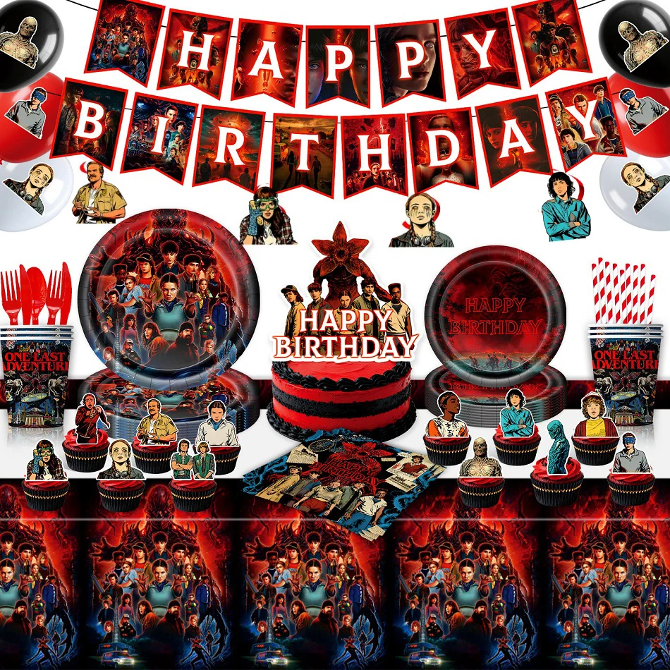 Stranger red Theme Birthday Party Banner Balloon Cute Figure Set Party Supplies Cake Topper Backdrop Deco Toy Gift