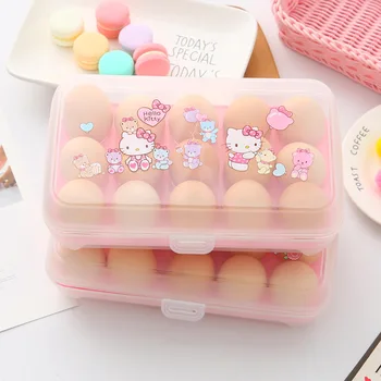 15Grid Hello Kitty Transparent Egg Preservation Box Cartoon Little Twin Stars My Melody Egg Box With Lid Refrigerator Egg Holder