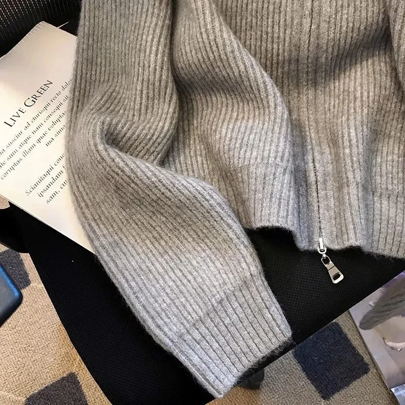 Autumn Winter 2024 Double Zipper Vintage Flip Collar Women Knitted Cardigan Sweater Jacket Student Korean Version Ladies Top 5