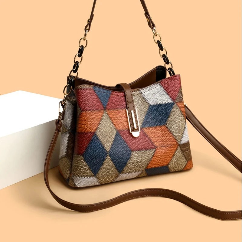 New Style Women's Bag Casual Shoulder Bag PU Leather Patchwork Design Adjustable Strap Stylish Simple Crossbody Handbags