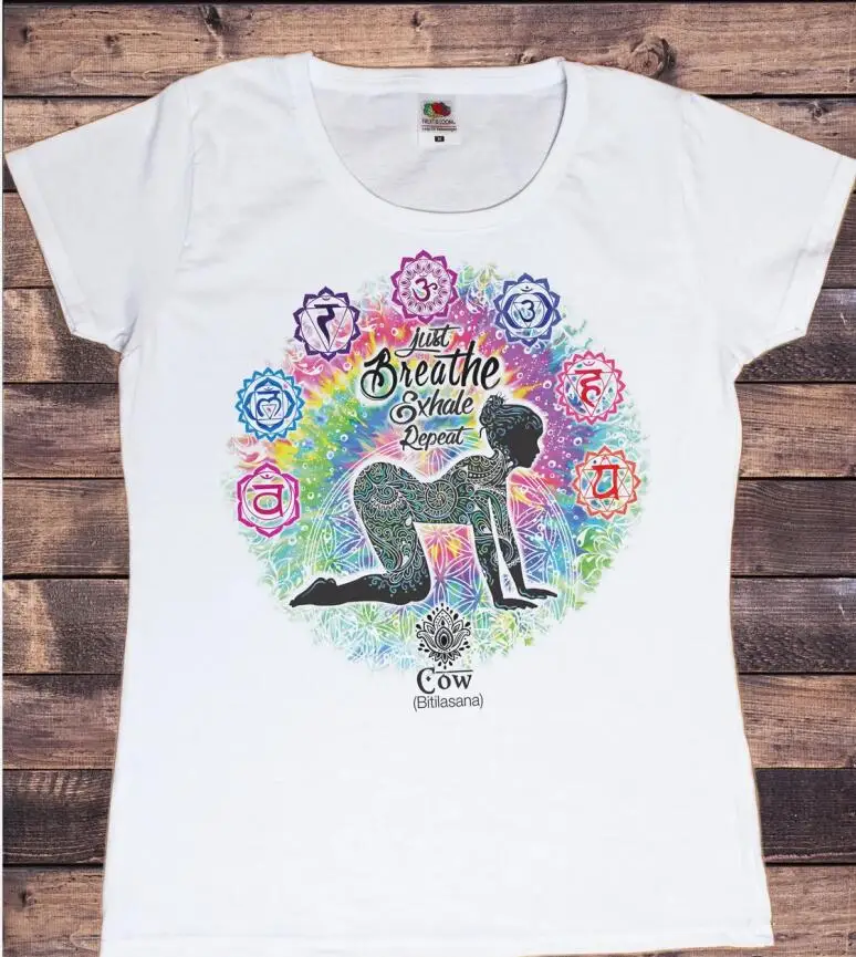 

Women'S Clothing Rainbow Just Breathe Exhale Repeat Graphic Print T-Shirt Femme Meditation Yoga Posture Tshirt Female Tops