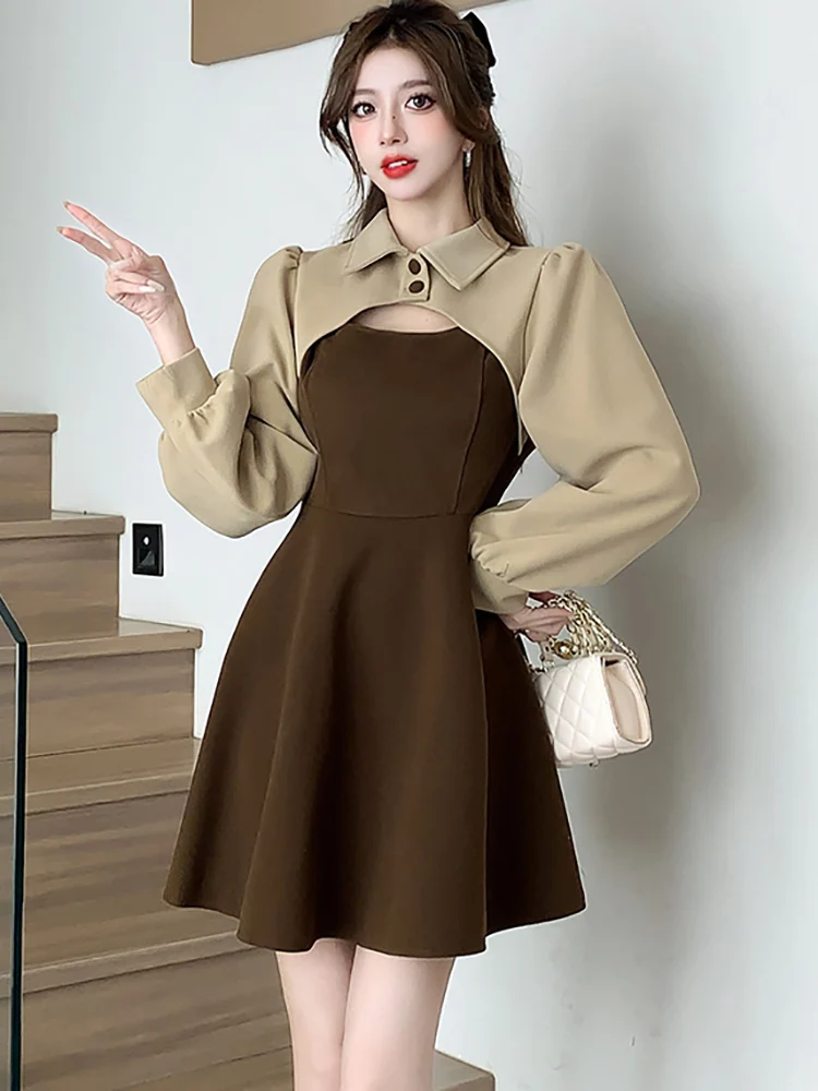 

Autumn Winter Patchwork Chic Hollow Out Polo Collar Short Dress Women Elegant Casual Home Dress 2024 Korean Bodycon Party Dress