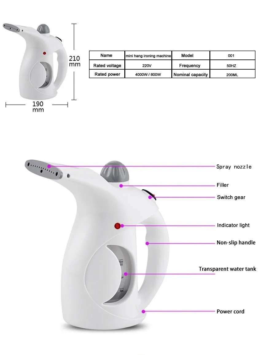 Description Picture 4 of item800w power household portable steaming ironer garment steamer facial steaming cleaner ironing clothes 0.2L tank