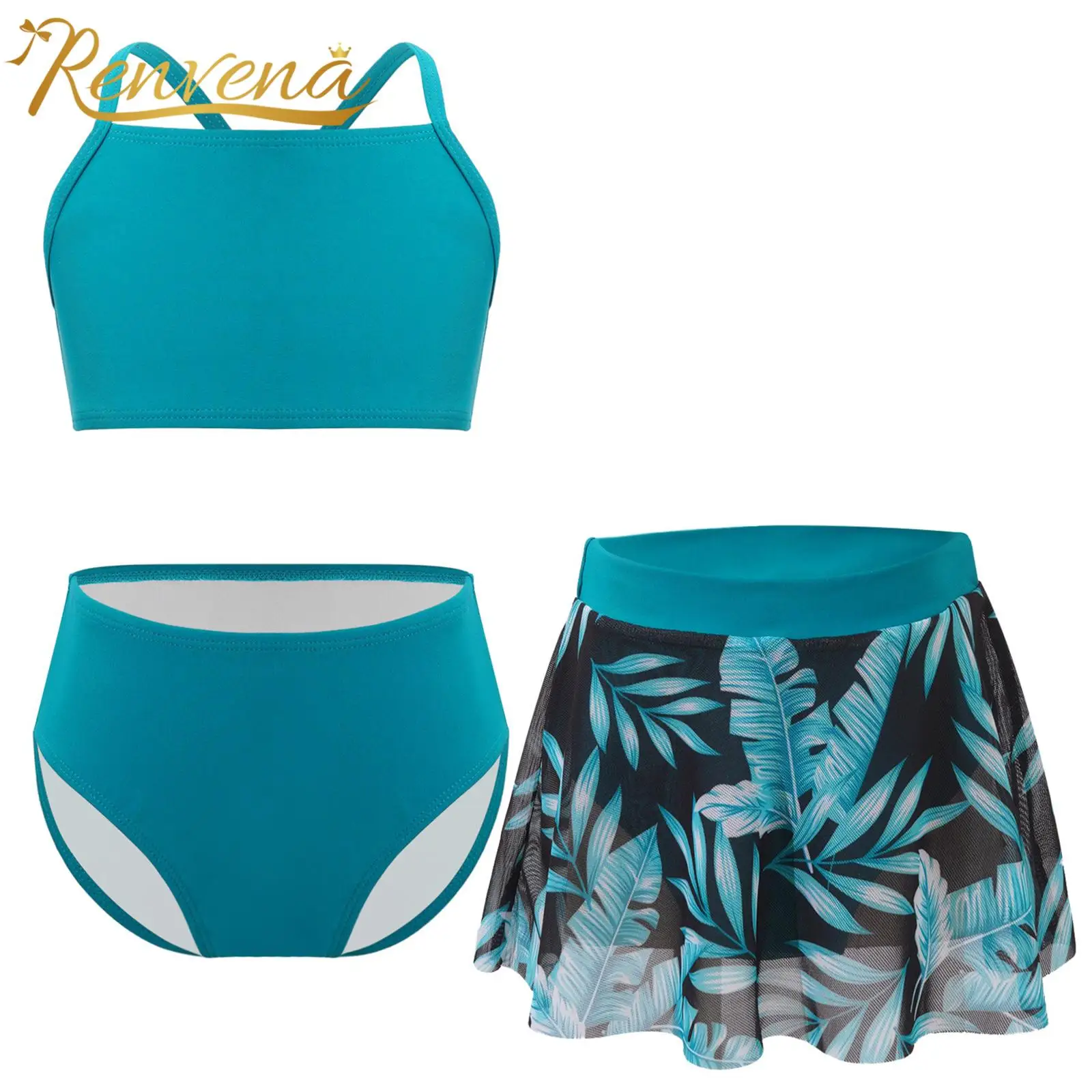 

Kids Girls Printed 3 Piece Swimsuits Swim Vest Tank Top Briefs Skirt Child Swimming Set Bathing Suit Pool Beach Holiday Swimwear