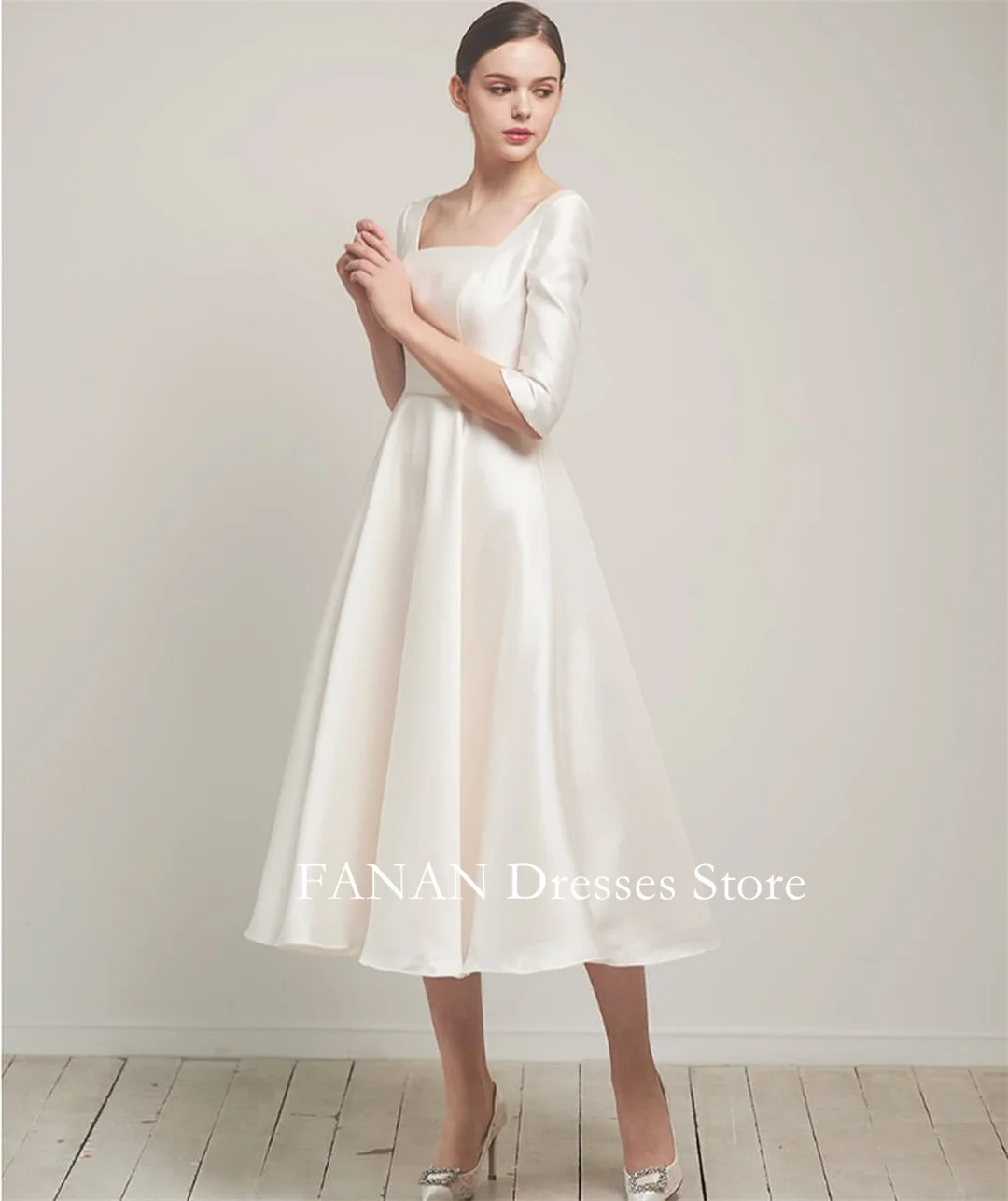 

FANAN Elegant A-Line Korea Ivory Satin Wedding Dresses 웨딩드레스 Square Neck Tea Length Custom Made Pretty Bride Gowns Plus Size