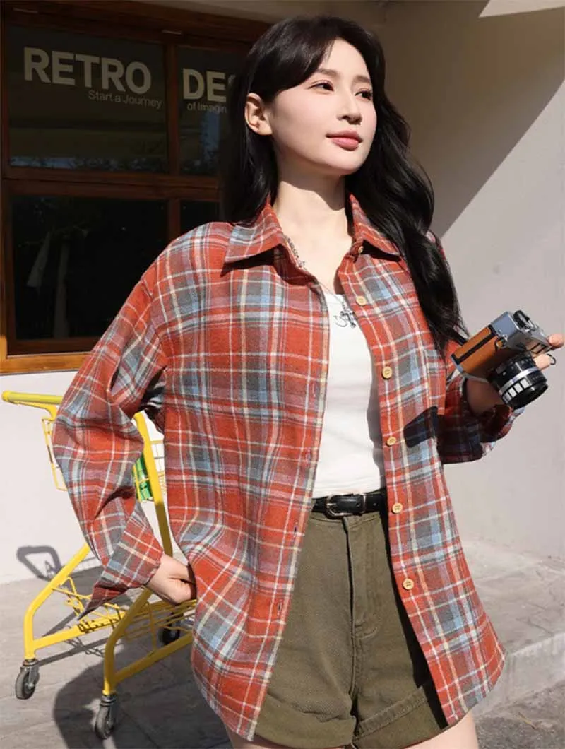 Mode Lose frauen Bluse Herbst Winter High Street Trendy Casual Karierte Shirts Koreanische Alle-Spiel Strickjacke Hemd outwear – Detail 12