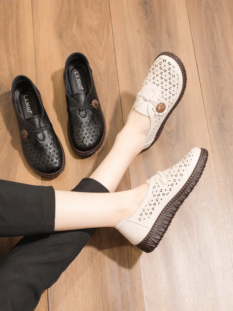Spring Casual Sneakers Women Shoes Genuine Leather Slip-On Flat Shoes Hollow Out Breathable Women's Shoes Plus Size