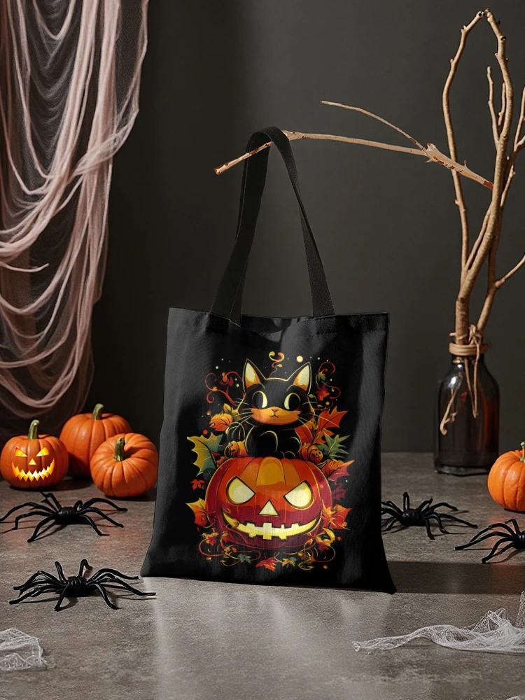 Halloween pumpkin and black cat pattern printed casual handbag, reusable fashionable shopping bag
