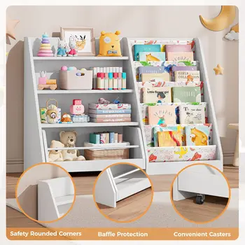 42 Inch Kids Bookshelf, 5 Layer Sling Kids Book Shelf for Kid Rooms, Wood Children Bookcase with Movable Drawer for Playroom 5
