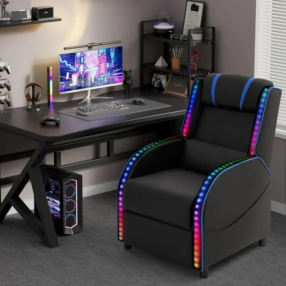 LED Gaming Massage Recliner Chair, Racing Style Single Living Room Sofa Comfortable Ergonomic Home Theater Seating, Chairs 6