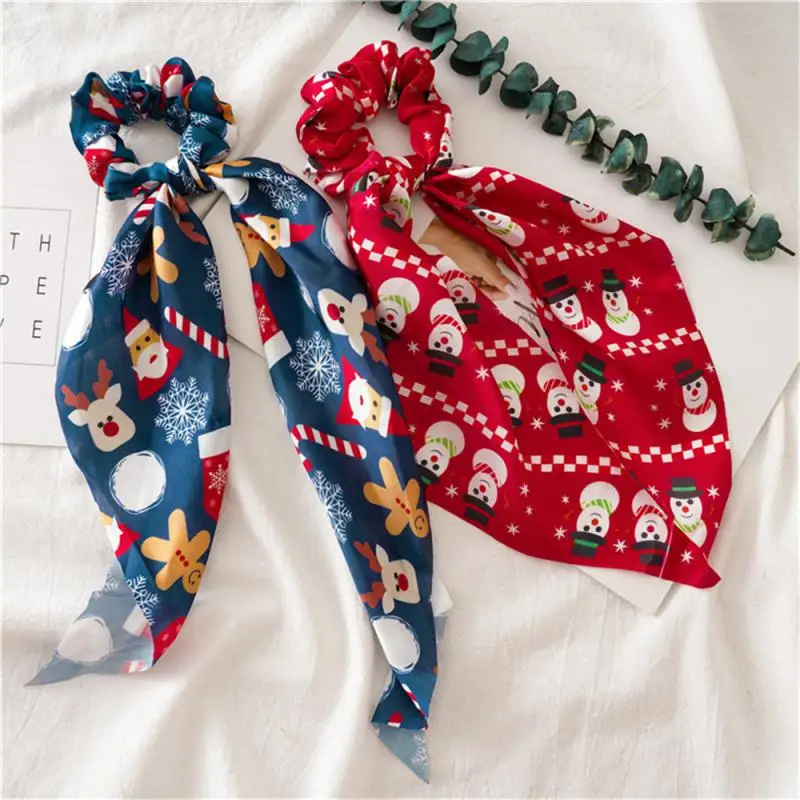 Santa Claus Bows Hair Scrunchies Long ribbon Ponytail Scarf Hair Tie Women Girls Elastic Bands Christmas Accessories
