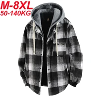 Plus Size 8xl 7xl Men's Shirt Jacket Fake 2pcs High Quality Cotton Plaid Loose Hooded Coats Shirts Jackets Mens Clothing 1