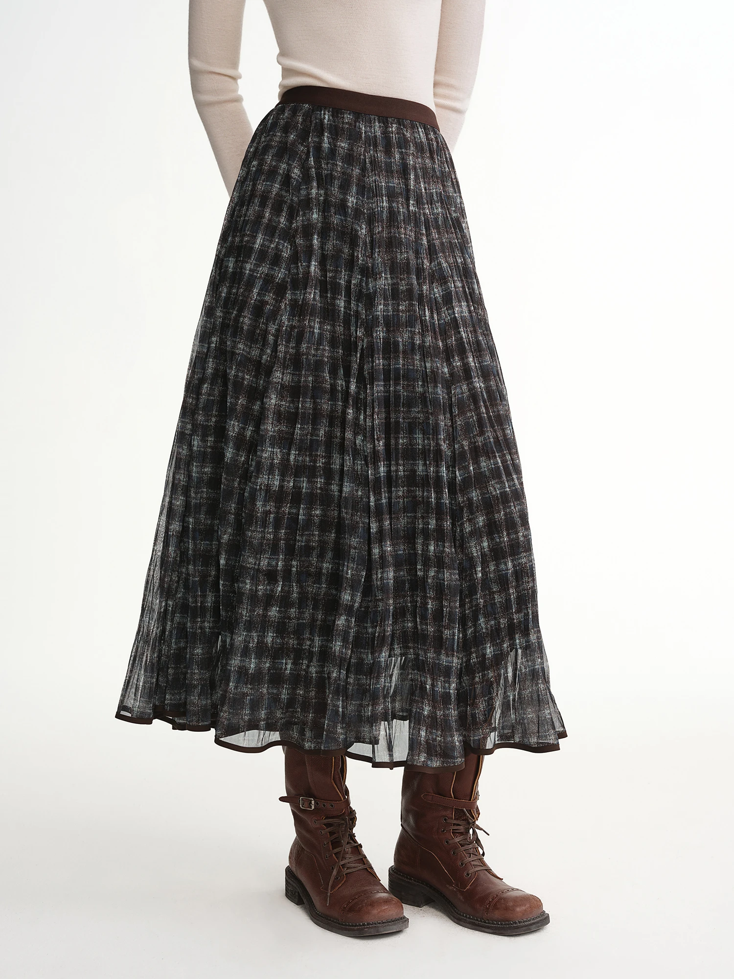 DUSHU Blue Brown Plaid Tulle Pleated Plaid Midi Skirt Women A-line Irregular Midi Skirt for Winter Vintage Fairy Personality Ins