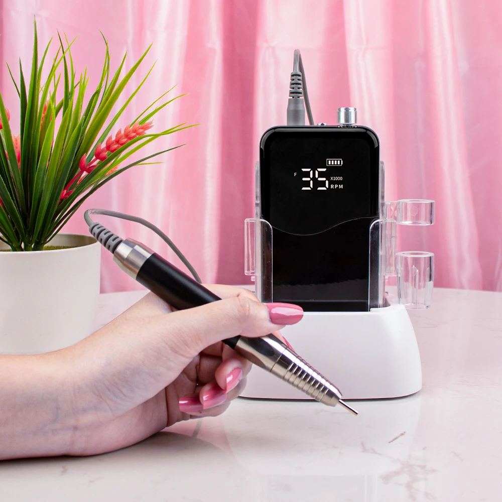 블랙 하트 데스크탑 브러시리스 무선 베이스 LED 로고 전기 네일 드릴 머신, 매니큐어 충전식 배터리용, 35000rpm