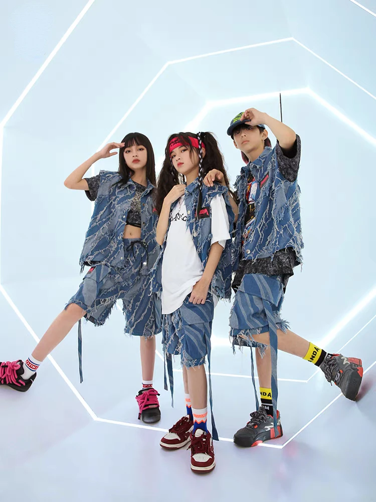 New Hip Hop Street Dance Clothes for Kids Blue Denim Vest Shorts T Shirt Boys Girls Jazz Performance Costume Teens Stage Outfits
