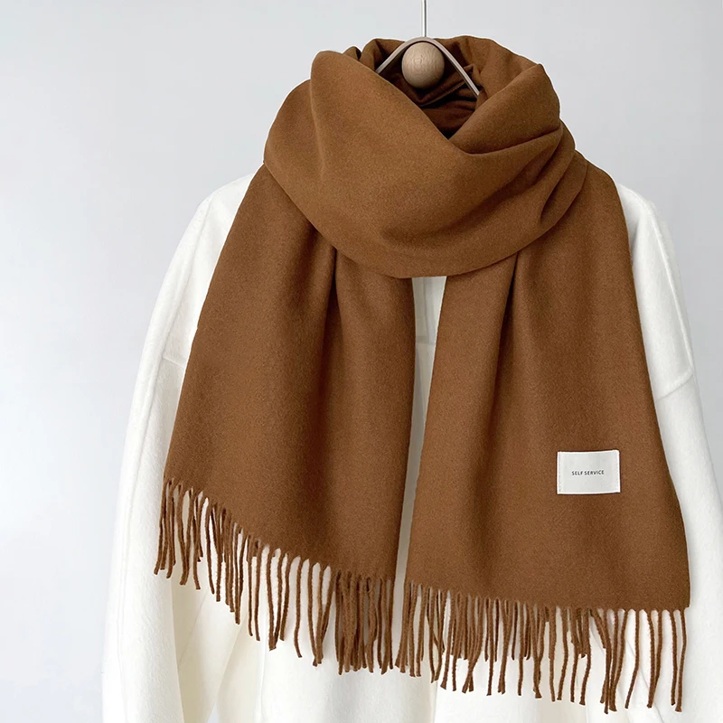 Luna&Dolphin Women Winter Solid Color Scarf Imitation Cashmere Soft Brown White Warm Knitted Woolen Ins Neck Pashmina Big Shawl 2