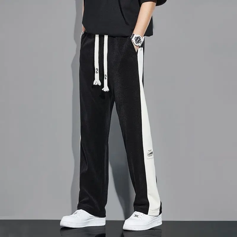 Korean Fashion Summer Quick Drying Loose Straight Pants Men Panelled Elastic Waist Drawstring Pockets Casual Versatile Trousers