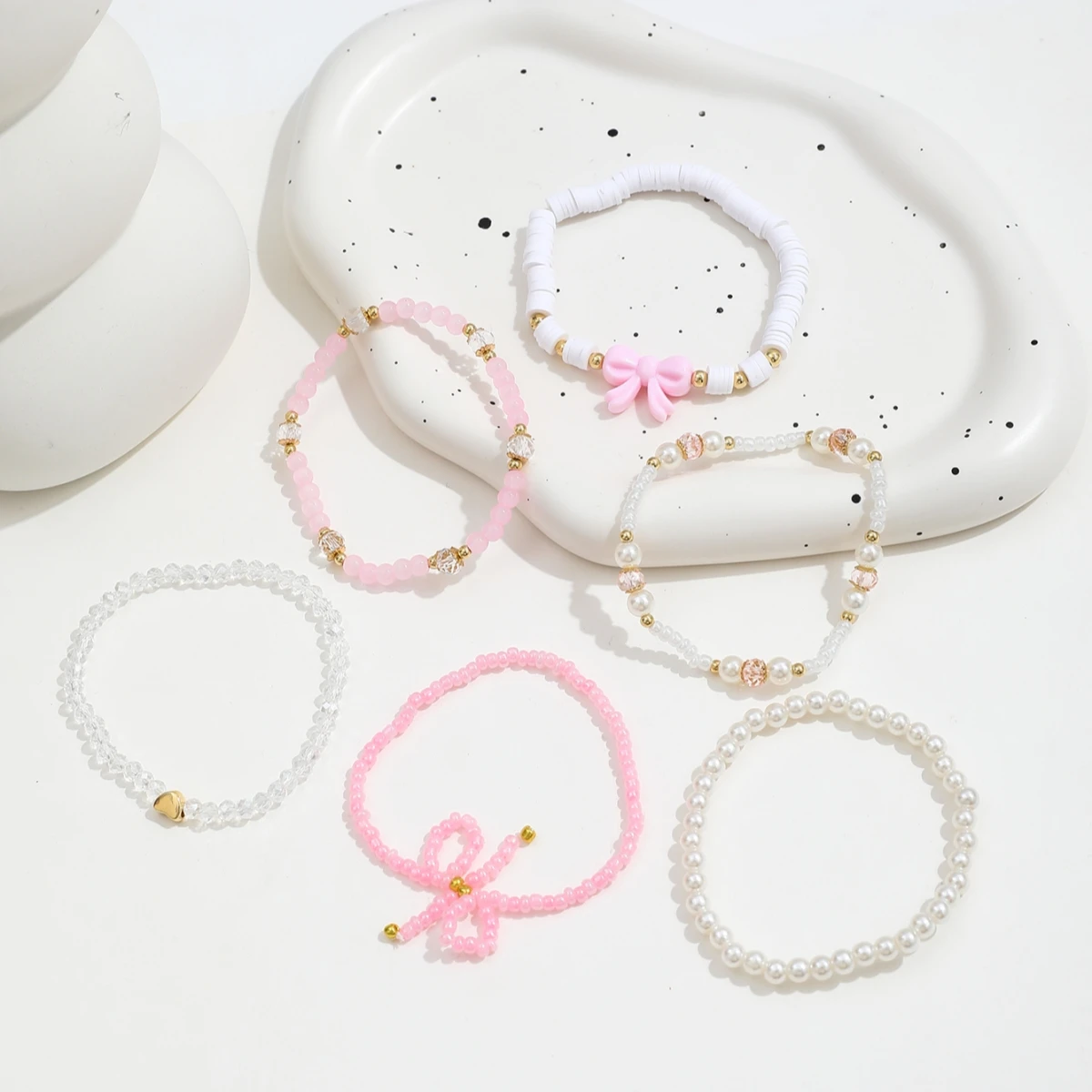 6Pcs/Set European and American Cute Pearl Love Beaded Bow Bracelets Set For Women Simple Design Sweet Jewelry Gifts - 5