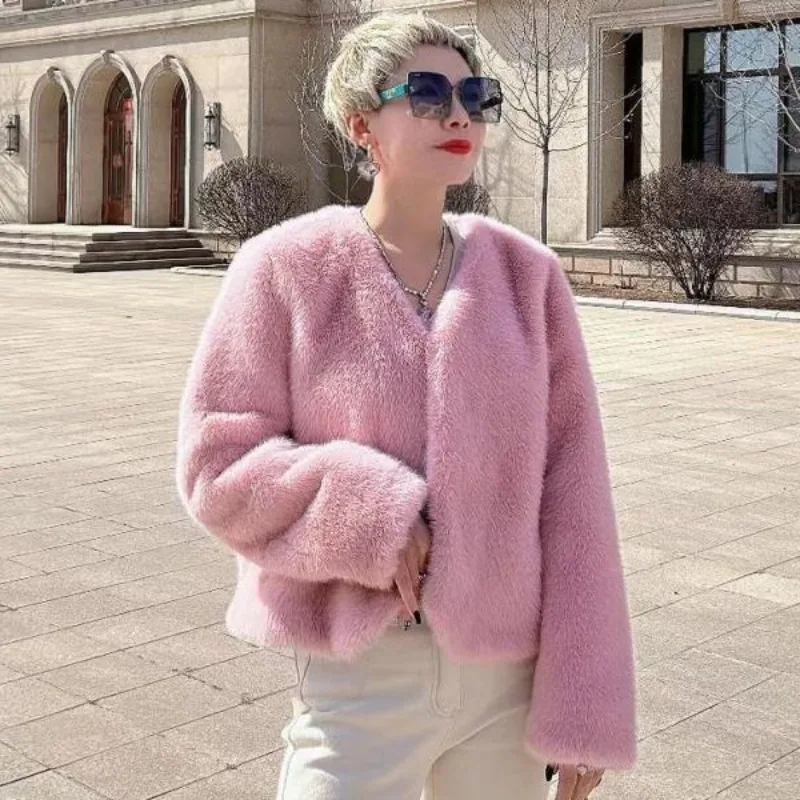 2023 New Women Imitation Mink Fur Coat Female Winter Loose Warm V-neck Fashion Outwear All-Match Solid Color Casual Short Jacket
