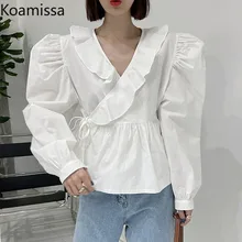 

Koamissa Hot Sale Vintage Ruffles Cross V Neck Blouse Women Ruched Puff Sleeve OL Shirt Elegant Lace-up Ladies White Blusas Tops