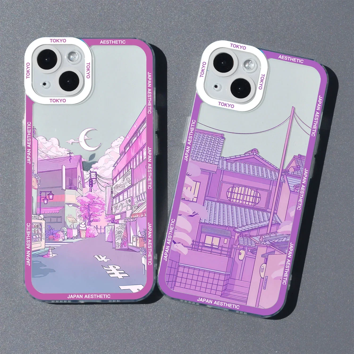Japanese Anime Scenery Clear Phone Case with Cartoon Architecture Design