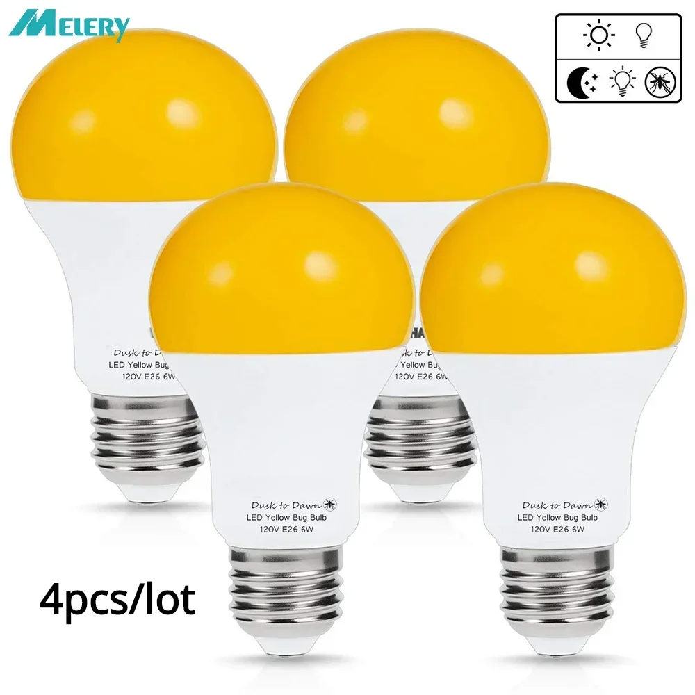 E26 LED Sensor Light Bulbs Smart Lighting Amber Dusk to Dawn A19 Porch Security Outdoor 2000K 40W Auto on/off 500Lm 4PACK