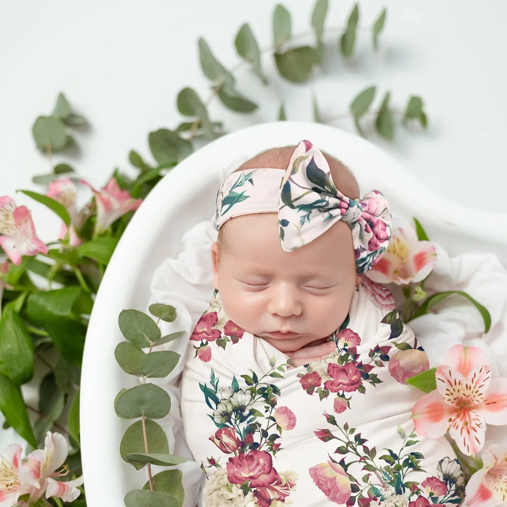 Newborn Photography Blanket Floral Printed Newborn Baby Swaddle Wrap Knotted Hat 2 Pcs Set Infant Photography Shooting Props